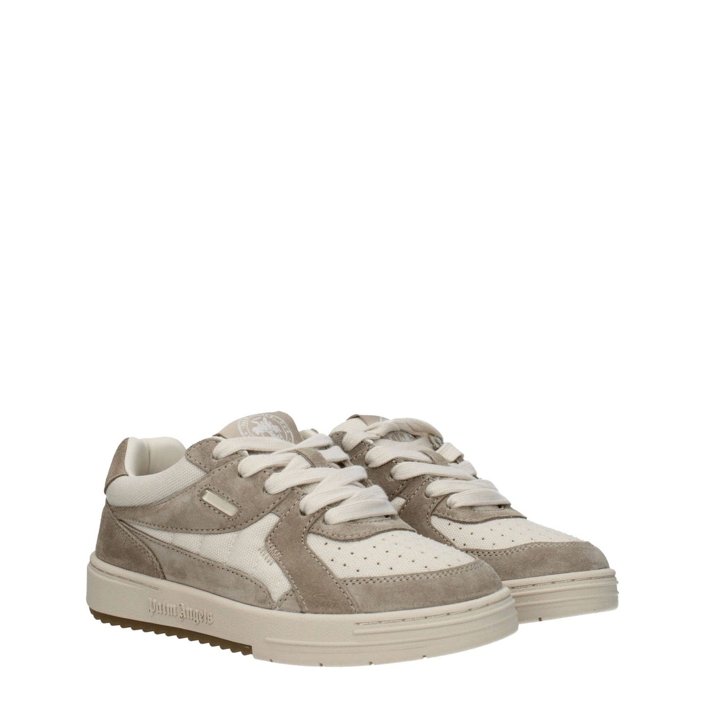 Palm Angels Beige Fabric Low Top Sneakers with suede material, featuring a sporty glam design and lace-up closure.