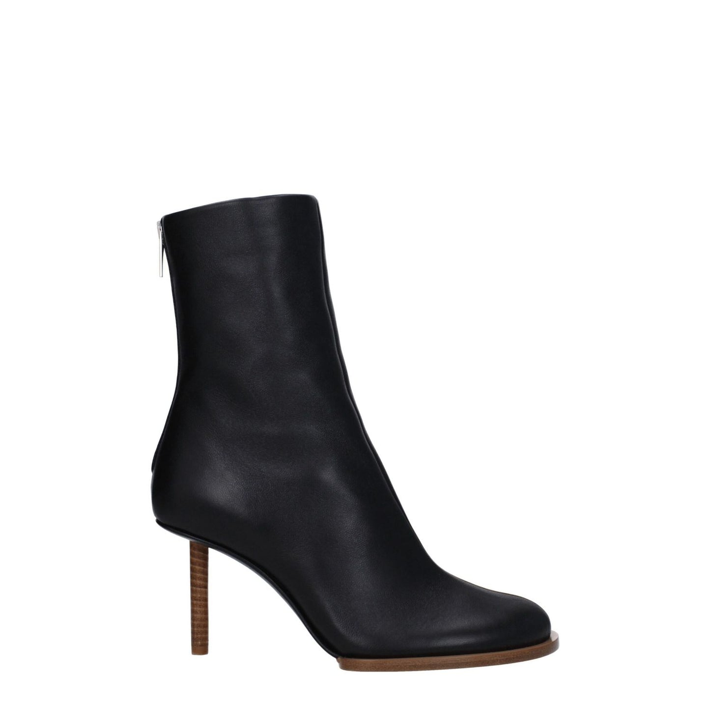 Jacquemus Black Leather Ankle Boots with square toe and high heel, featuring zip closure and leather sole.