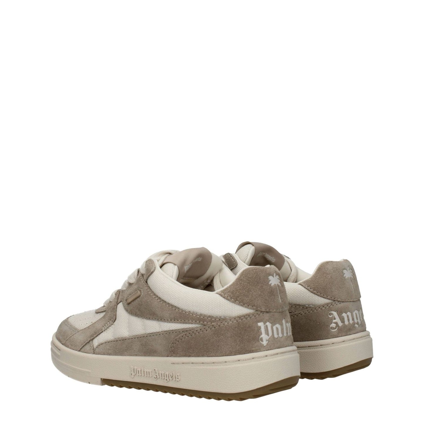 Palm Angels Beige Fabric Low Top Sneakers with suede uppers and rubber soles, featuring logo details on the front, side, and back.
