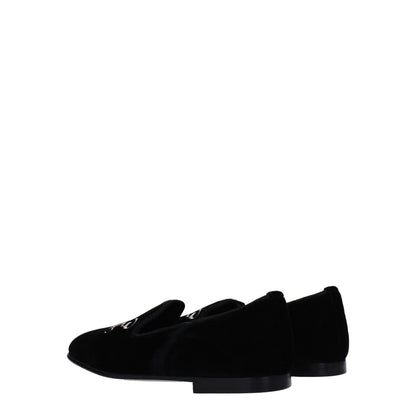 Palm Angels Black Velvet Slip-On Loafers with front logo, round toe, and low flat heel, viewed from side and back on white background.