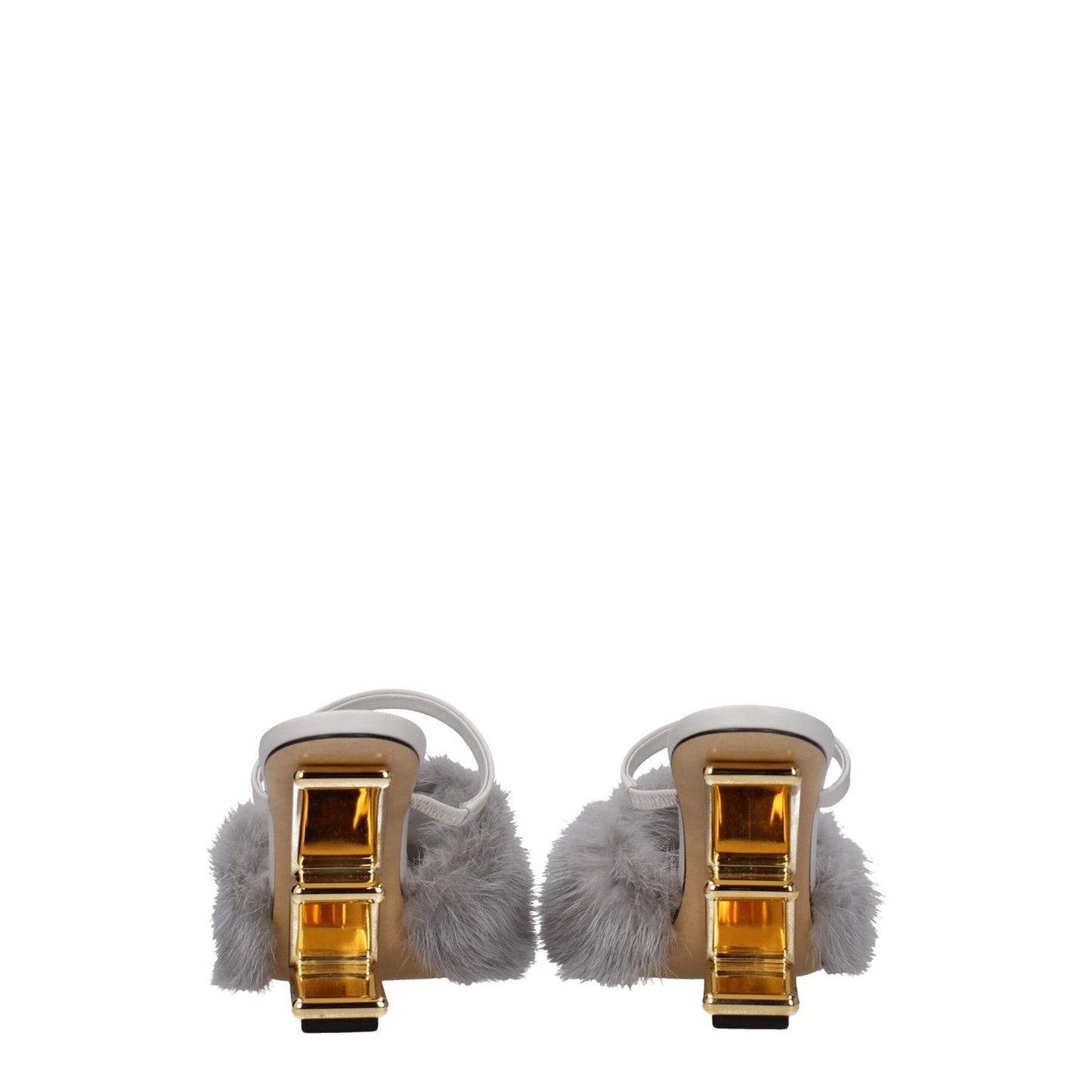 Rear view of Fendi Gray Mink Slippers with open toe and high heel, featuring a gold accent and light grey leather sole.