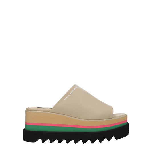 Stella McCartney Beige Leather Slippers with eco leather, wedge heel, and rubber sole, featuring a side logo. Casual open-toe design.