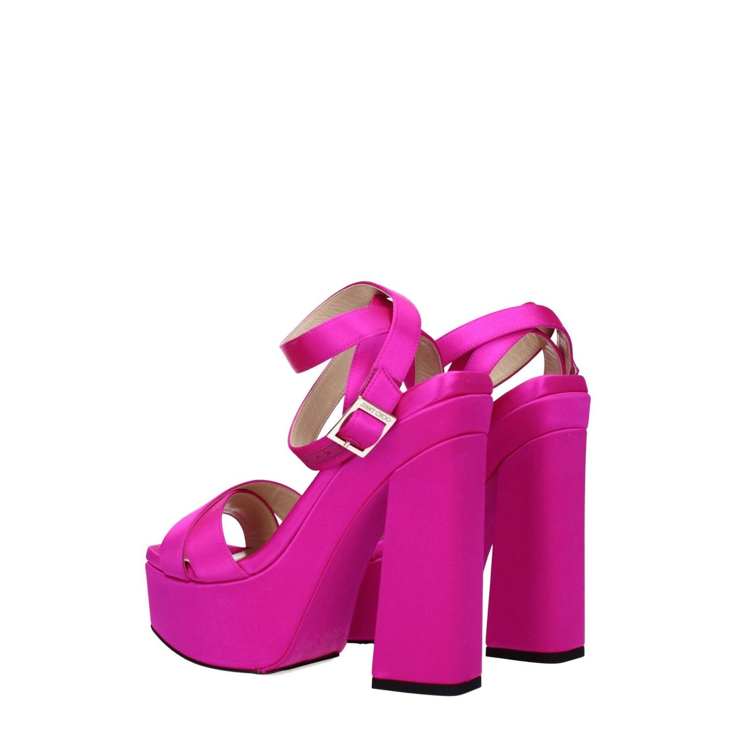 Jimmy Choo Pink Satin Platform Sandals with high heels and buckle closure, featuring an open toe and leather sole.