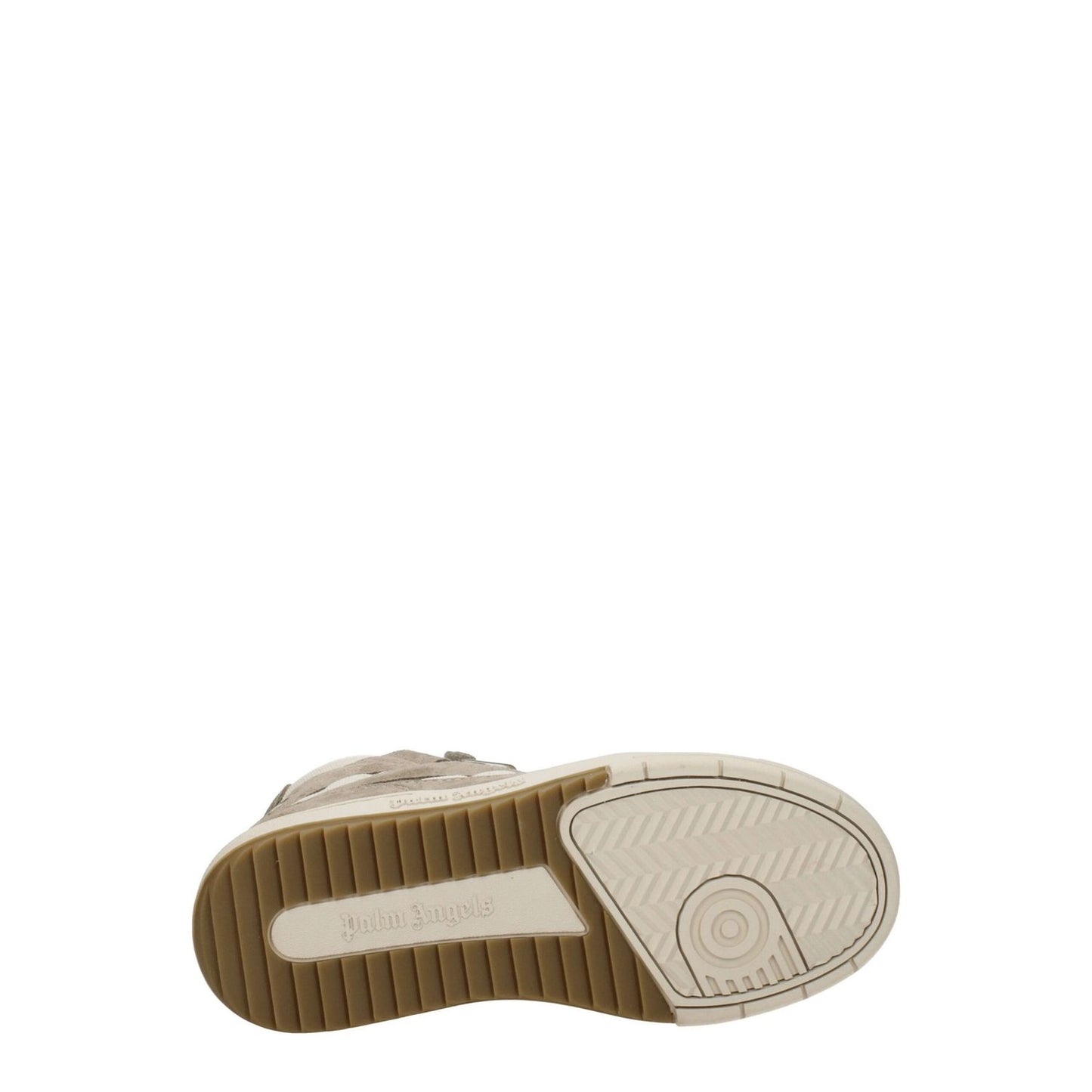 Palm Angels Beige Leather High Top Sneakers with rubber sole, showcasing sporty glam design.