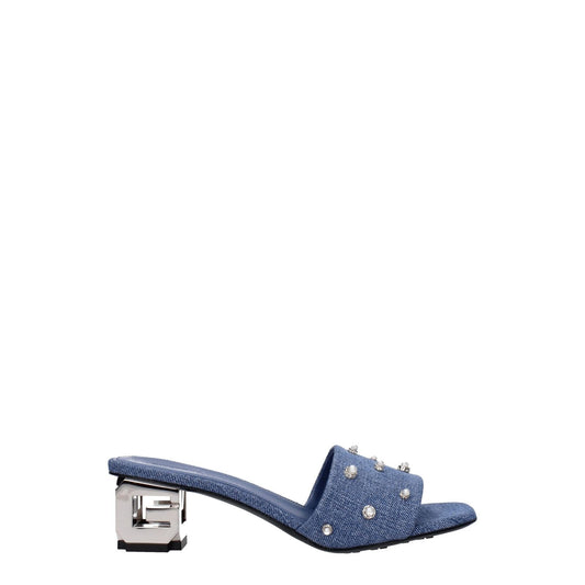 Givenchy Blue Fabric Flat Sandals with beaded rhinestones, side logo, and open toe design, featuring mid heels and leather sole.
