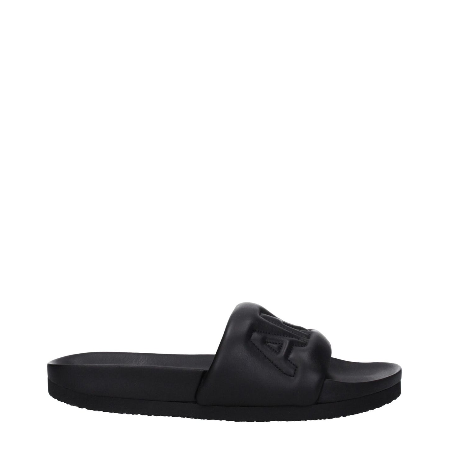 Ambush Black Leather Slippers with front logo, open toe design, rubber sole, street style footwear.