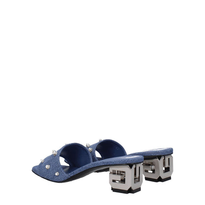 Givenchy Blue Fabric Flat Sandals with beaded rhinestone, open toe, mid heels, side logo, vintage style, and denim secondary color.