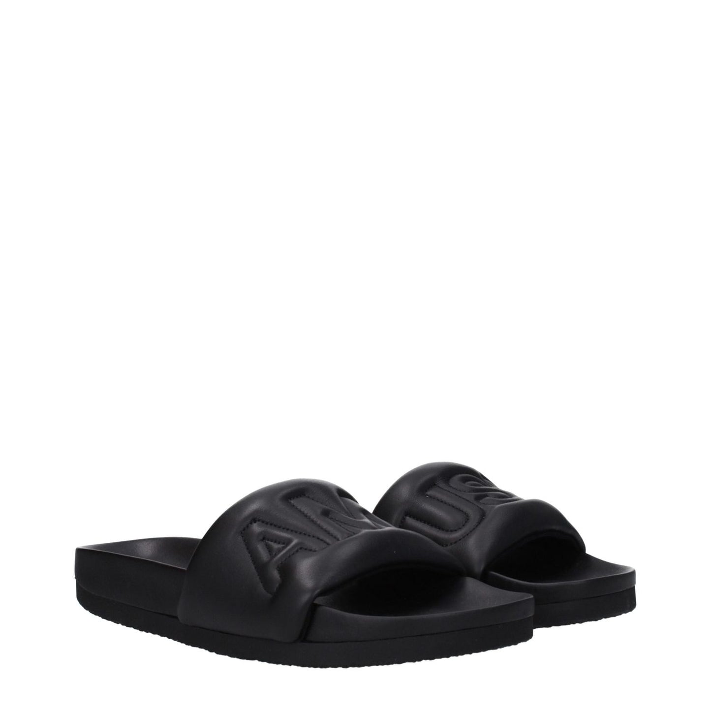Ambush Black Leather Slippers with front logo, open toe design, rubber sole, and street style, MPN BMIC001LEA0011000.