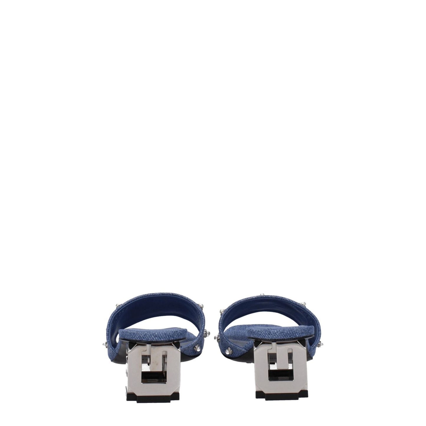 Back view of Givenchy Blue Fabric Flat Sandals with side logo, beaded rhinestones, and mid heels. MPN BE3082E1TK420.