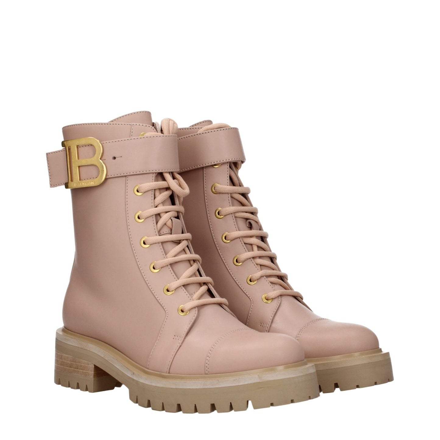 Balmain Beige Leather Ankle Boots with lace-up closure and side logo, featuring mid heels and rubber sole.
