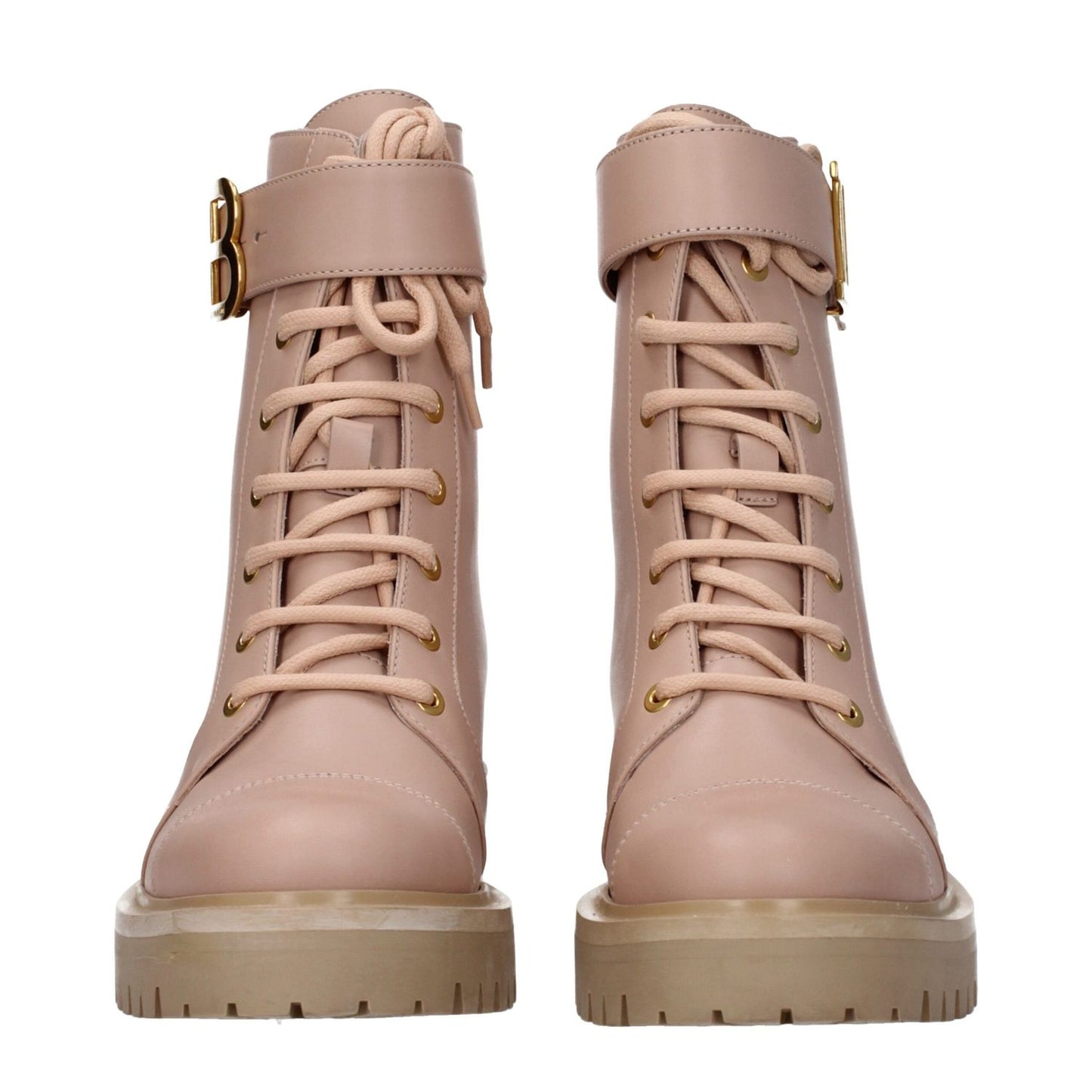 Front view of Balmain Beige Leather Ankle Boots with lace-up closure and logo detail. Mid heels and rubber sole perfect for sporty glam look.