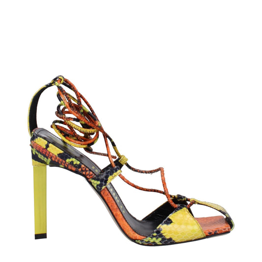 The Attico Orange Leather Stiletto Heel Sandals with snake print, high heel, open toe, and self tie closures.