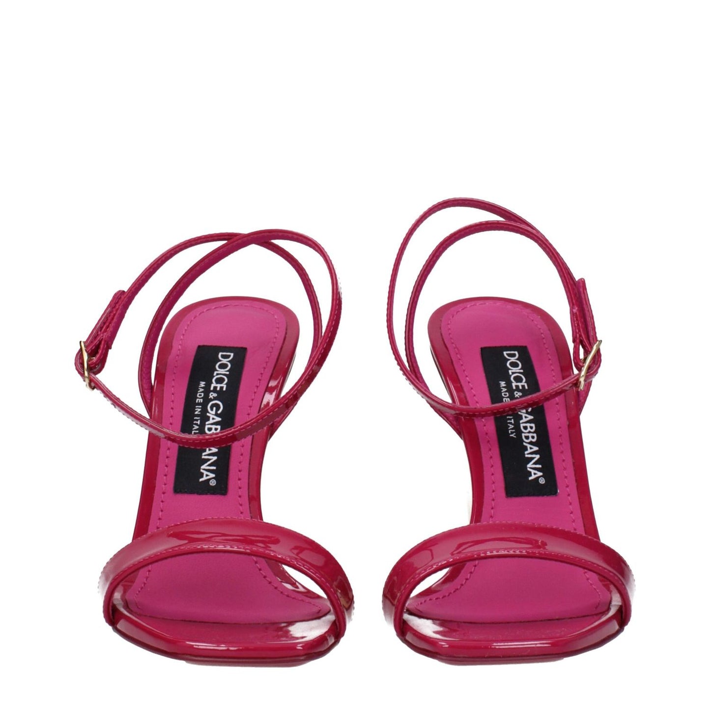 Dolce & Gabbana Pink Leather Stiletto Heel Sandals with buckle closure and open toe design, featuring gold accents.