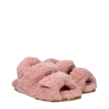 Max Mara Pink Fur Flat Sandals with eco fur, open toe, and strap closure, featuring side logo and blush color accents.