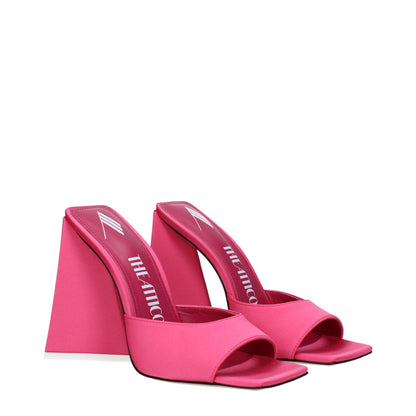 The Attico Pink Fabric Platform Sandals with high leather heel, open toe style, 11 cm heel, and pink fabric design.