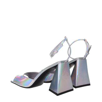 The Attico Gray Leather Platform Sandals with buckle closure, high heel, eco leather in silver, and open toe design.