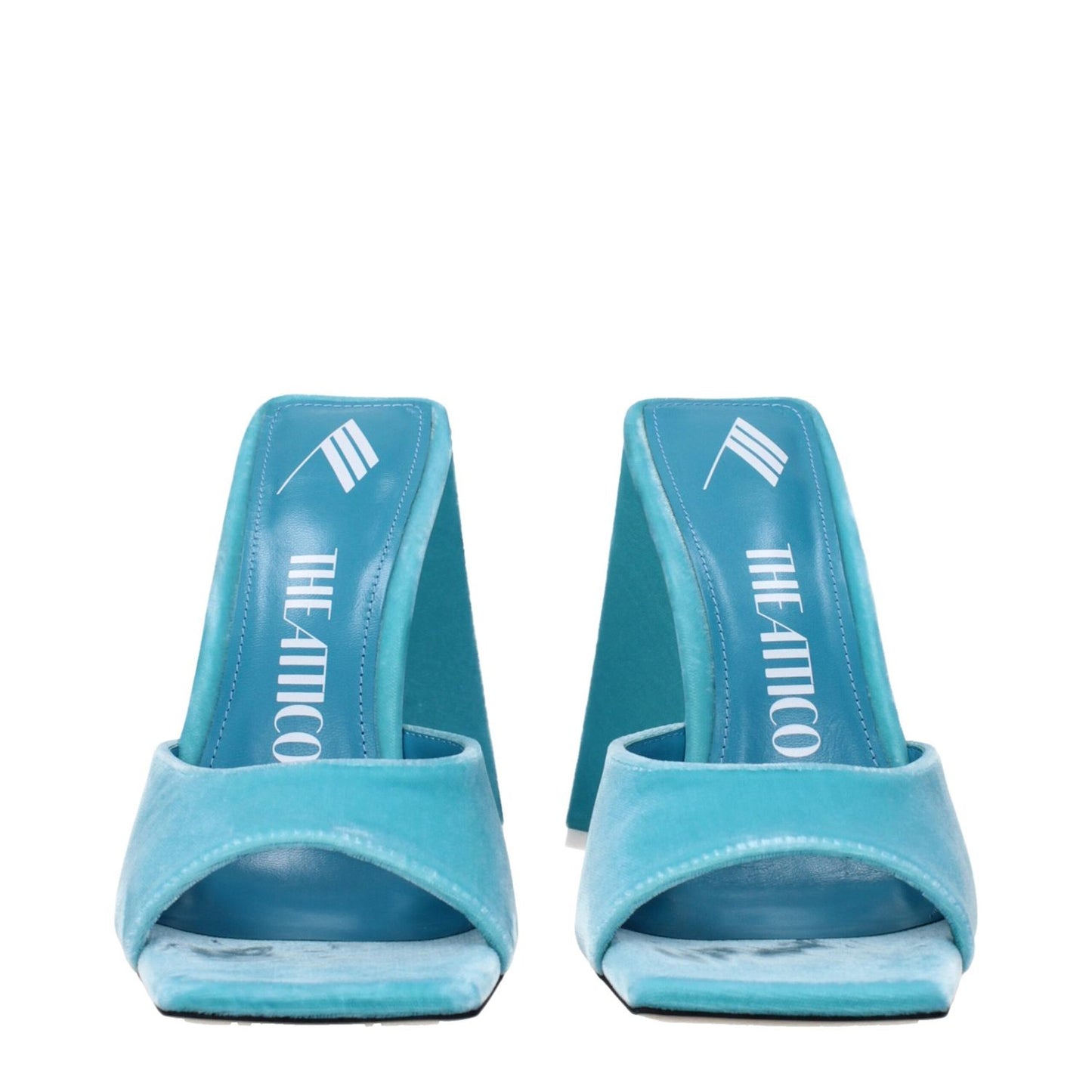 The Attico Light Blue Velvet Platform Sandals with high heels and open toe design in turquoise color.