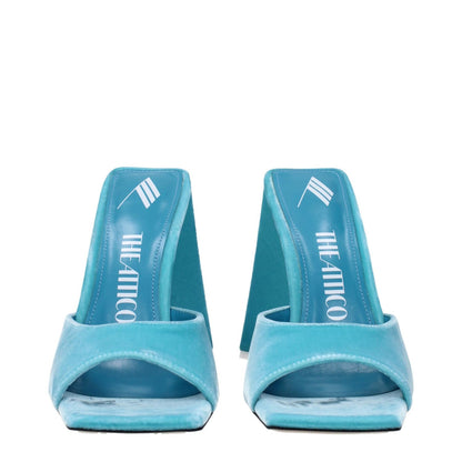The Attico Light Blue Velvet Platform Sandals with high heels and open toe design in turquoise color.