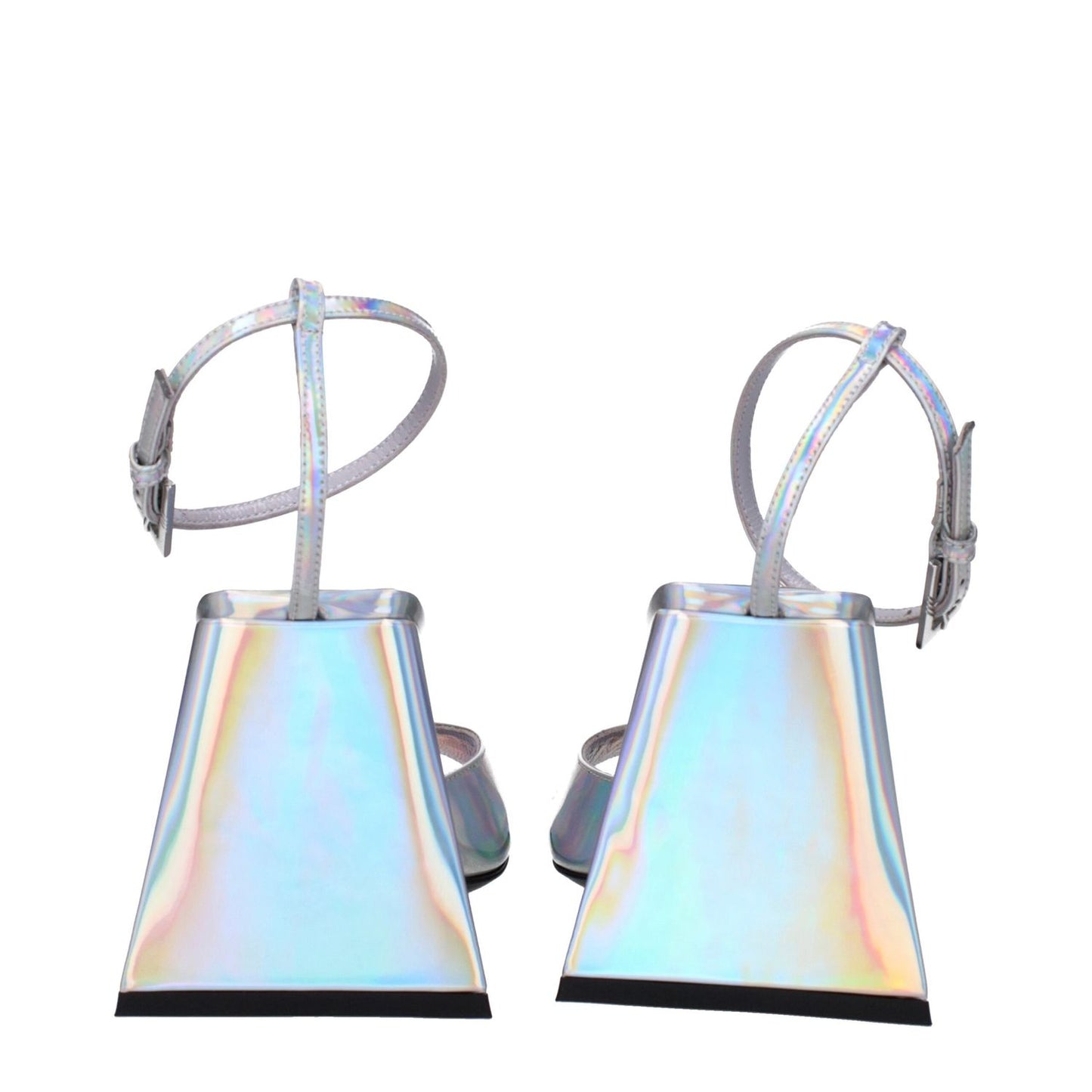 The Attico Gray Leather Platform Sandals with buckle closure, open toe, high 8.5 cm heel, eco leather material, view of the heel.