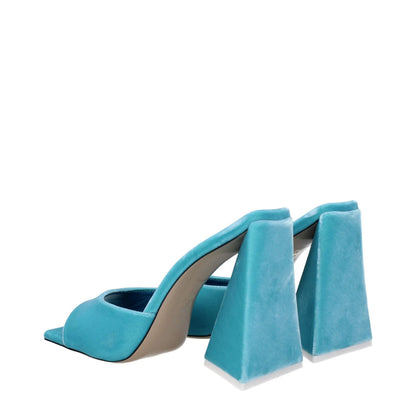 The Attico Light Blue Velvet Platform Sandals with high heel and open toe design, showcasing turquoise hue and leather sole.