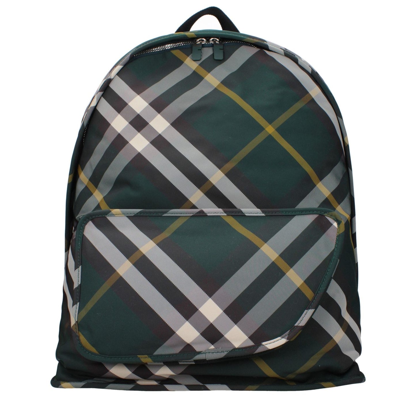 Burberry Green Fabric Large Backpack with adjustable straps, plaid pattern, and zip closure. Measures 33cm wide and 44cm high. Stylish design.