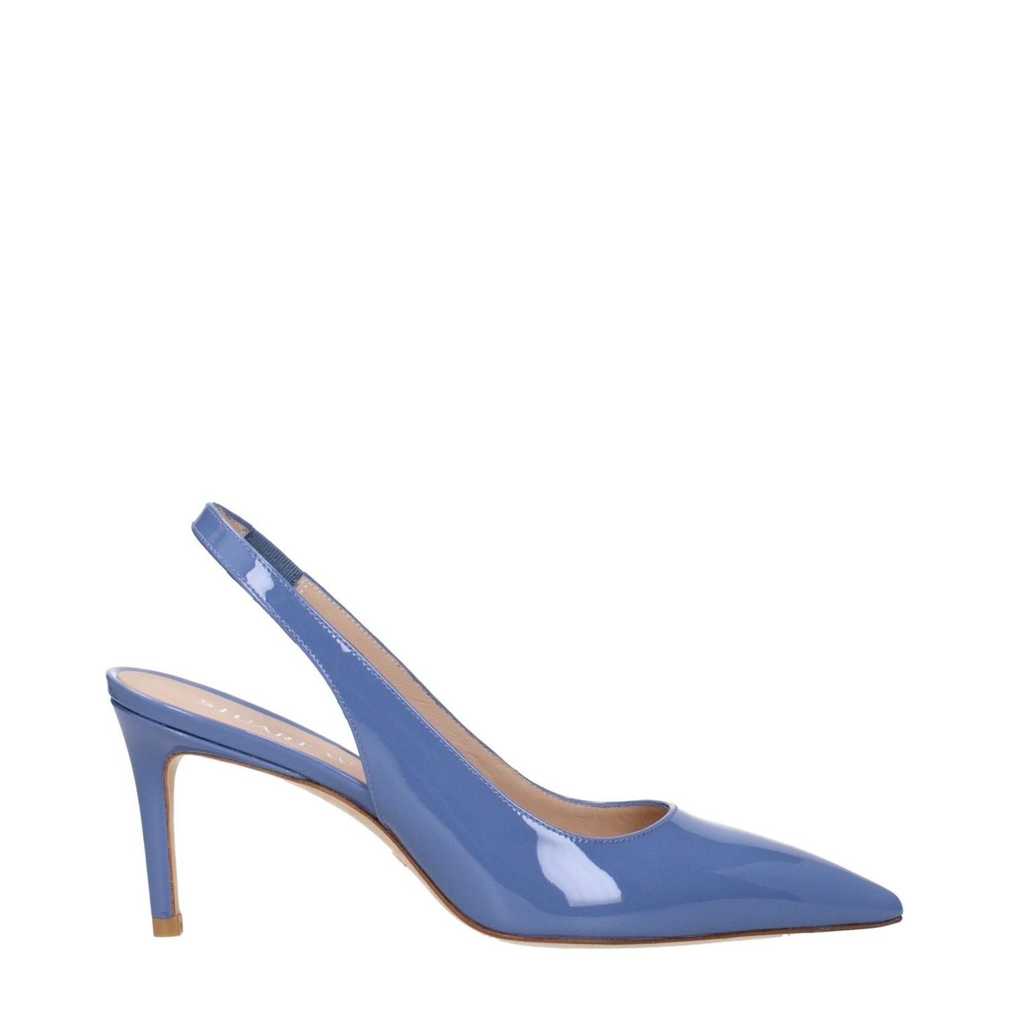 Stuart Weitzman Light Blue Leather High Heel Pumps, patent leather, mid-heel, pointy toe, steel blue, casual style, 7.5 cm heel.