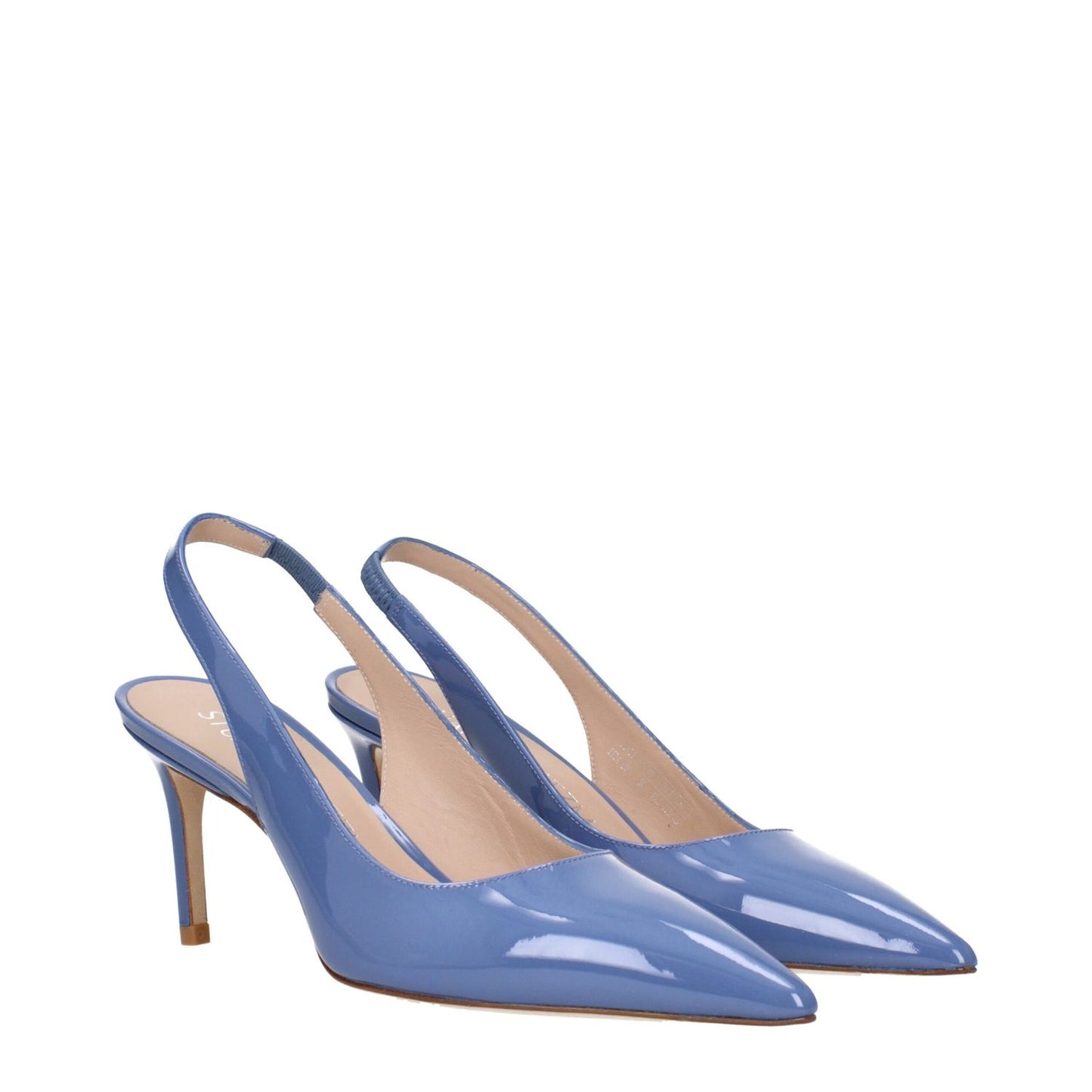 Stuart Weitzman Light Blue Leather High Heel Pumps with patent finish, pointy toe, and mid heel design.