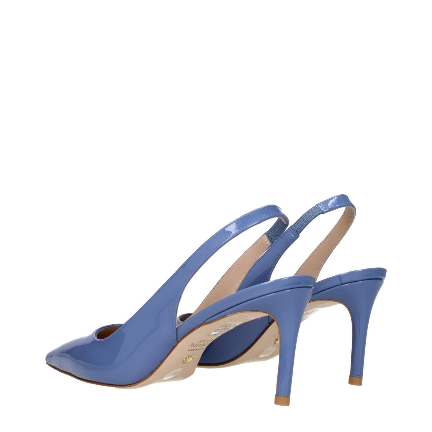 Stuart Weitzman Light Blue Leather High Heel Pumps with patent leather, pointy toe, mid heels, and leather sole. MPN: STUART75PATSC423BLUESTEEL