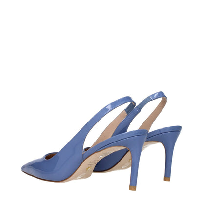 Stuart Weitzman Light Blue Leather High Heel Pumps with patent leather, pointy toe, mid heels, and leather sole. MPN: STUART75PATSC423BLUESTEEL