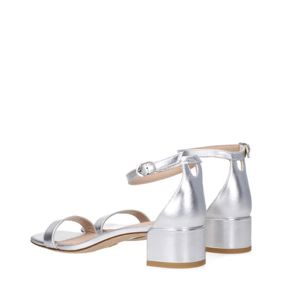 Stuart Weitzman Gray Leather Flat Sandals with buckle closure and mid heels, open toe, silver leather, casual style, side view