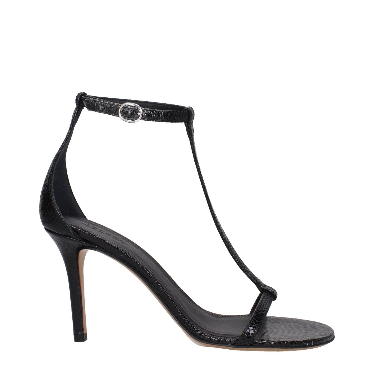 Isabel Marant Black Leather Stiletto Heel Sandals with buckle closure and open toe design. High heel, python print.