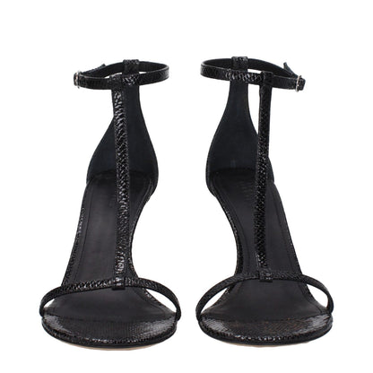 Isabel Marant Black Leather Stiletto Heel Sandals with buckle closure and open toe design, featuring python print and 8.5 cm heel.