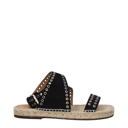 Isabel Marant Black Leather Flat Sandals with studs, open toe, and buckle closure.