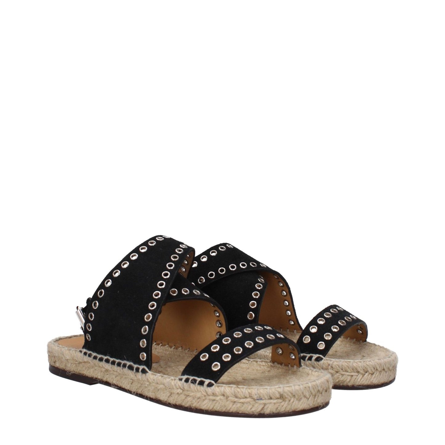 Isabel Marant Black Leather Flat Sandals with studs and buckle closure, featuring open toe design and low flat heel.