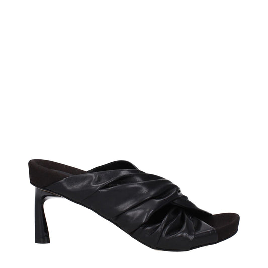 Stella McCartney Black Leather Stiletto Heel Sandals with open toe design and eco heel; side view on white background.