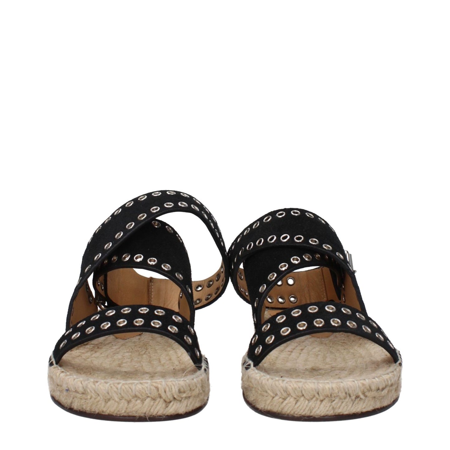Isabel Marant Black Leather Flat Sandals with silver studs, open toe design, and buckle closure on a low flat heel.