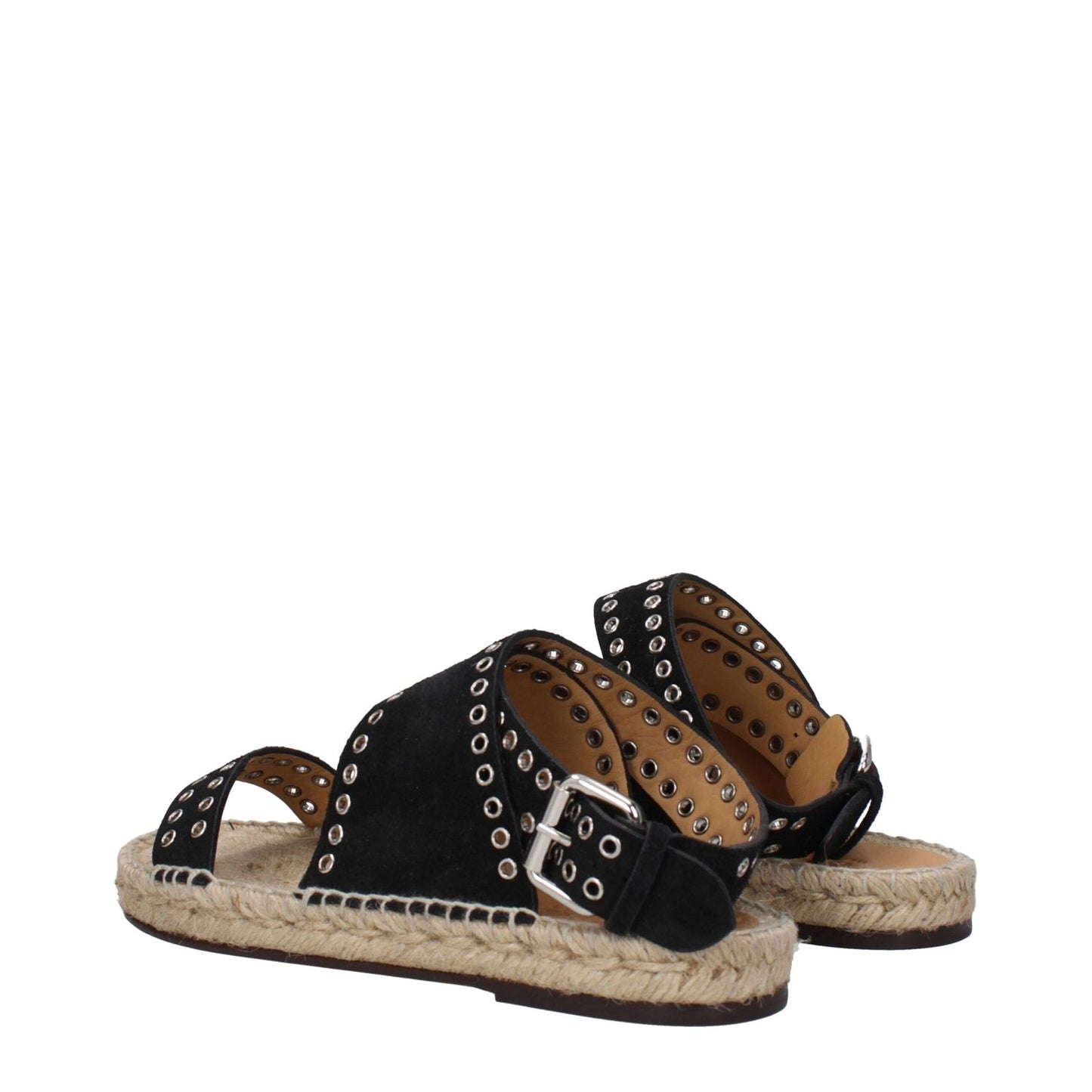 Isabel Marant Black Leather Flat Sandals with studs and buckle closure, open toe, low heel, silver details.