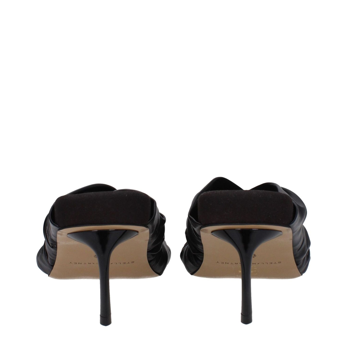 Rear view of Stella McCartney Black Leather Stiletto Heel Sandals with eco heel and open toe design, 7 cm heel height.