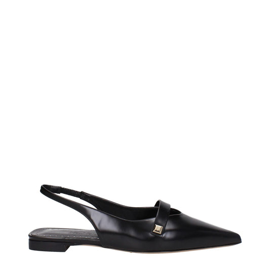 Max Mara Black Leather Ballet Flats with pointy toe and side logo, low flat heel, crafted in black leather.