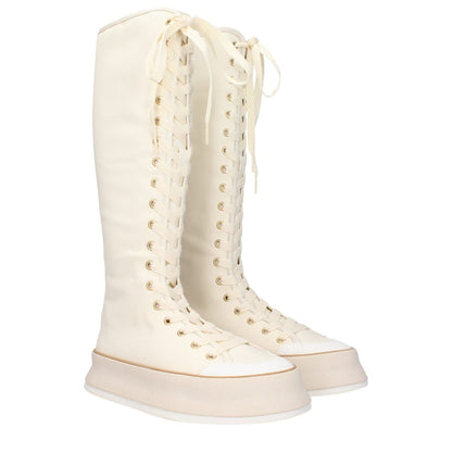Max Mara Beige Fabric Lace-Up Boots with rubber sole and wedge heel, vintage effect, casual style, round toe design.