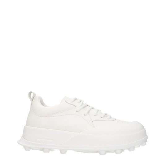 Jil Sander White Leather Sneakers with side logo, lace-up closure, rubber sole, mid heel, sporty glam style.