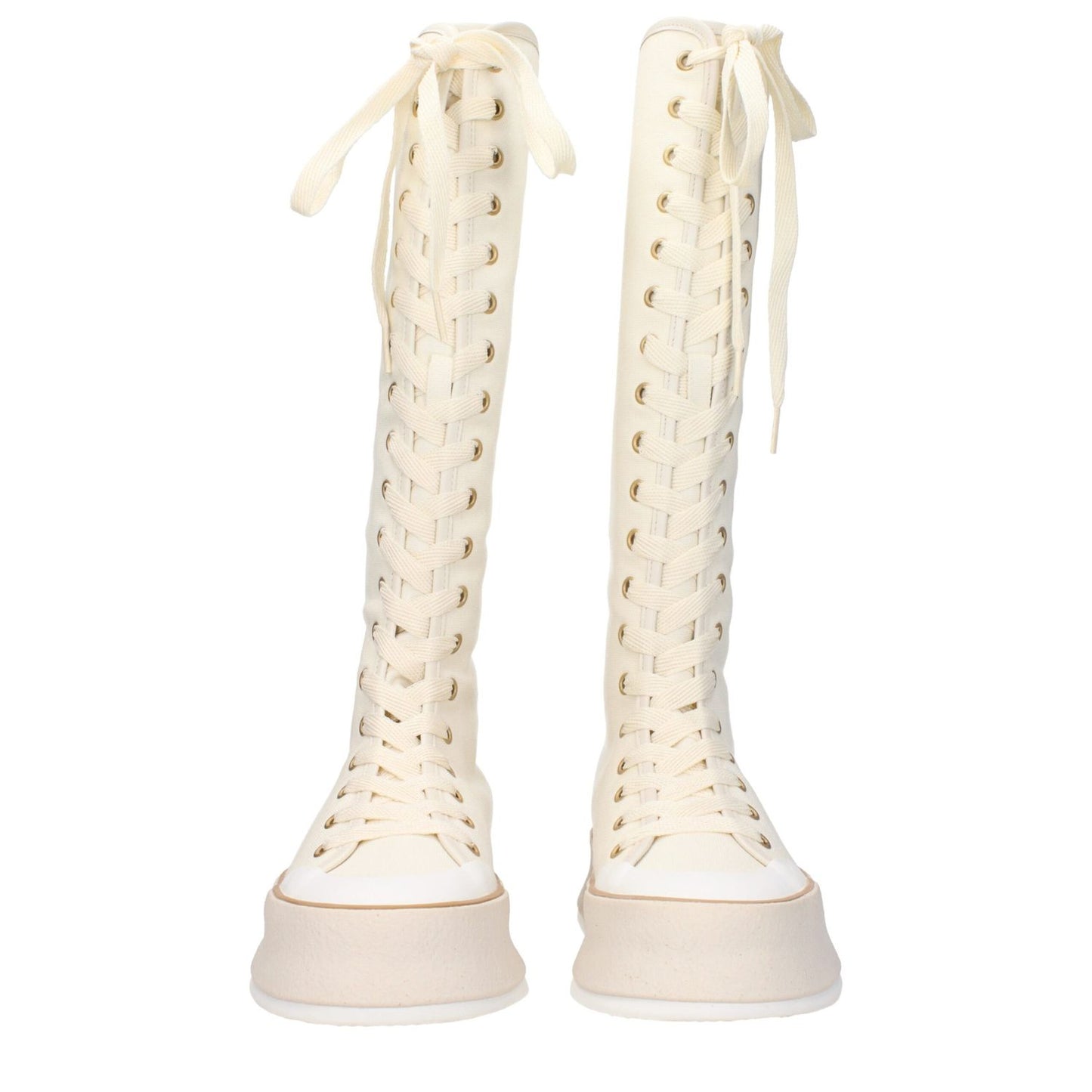Max Mara Beige Fabric Lace-Up Boots with a vintage effect, casual style, rubber sole, and wedge heel for a trendy look.