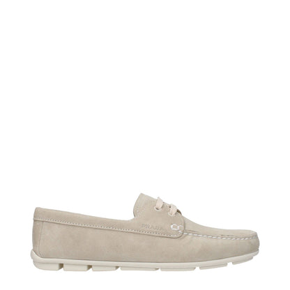Prada Gray Leather Slip-On Loafers with round toe, rubber sole, and side logo in suede, casual style.