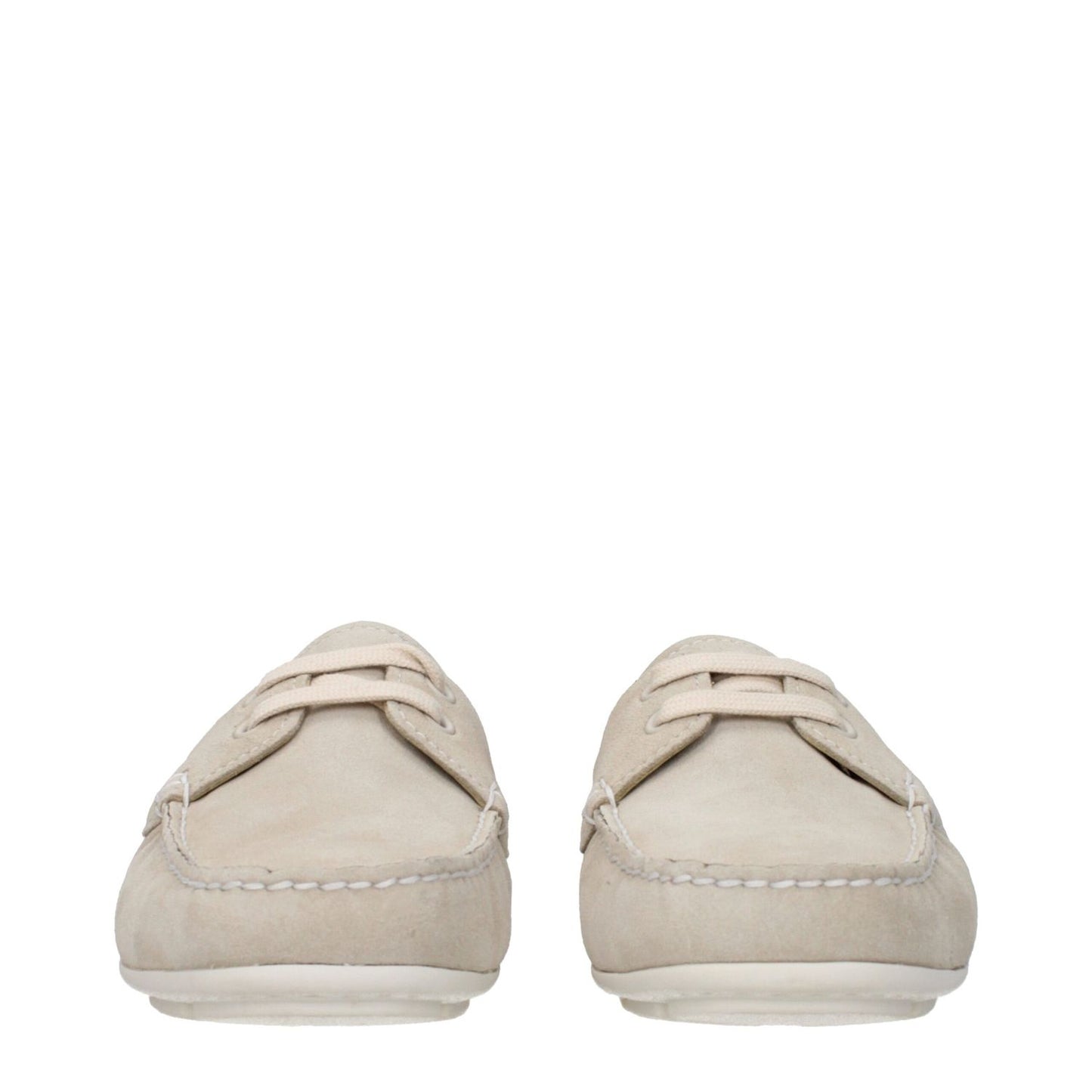 Prada Gray Leather Slip-On Loafers with round toe and rubber sole, side logo detail, casual suede design, front view with lace-up closure.