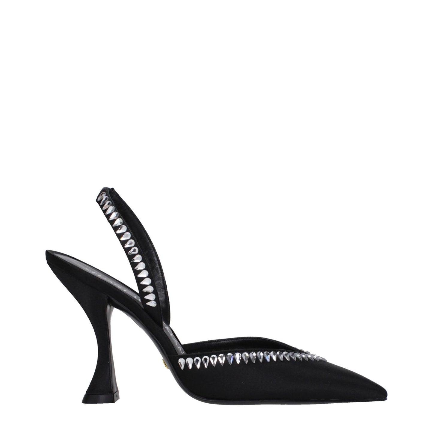 Stuart Weitzman Black Satin Stiletto Heel Sandals with rhinestones, pointy toe, and leather sole, 11 cm high heel.