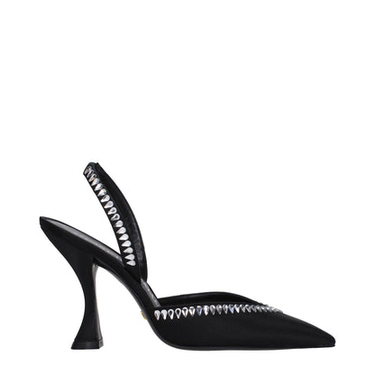Stuart Weitzman Black Satin Stiletto Heel Sandals with rhinestones, pointy toe, and leather sole, 11 cm high heel.