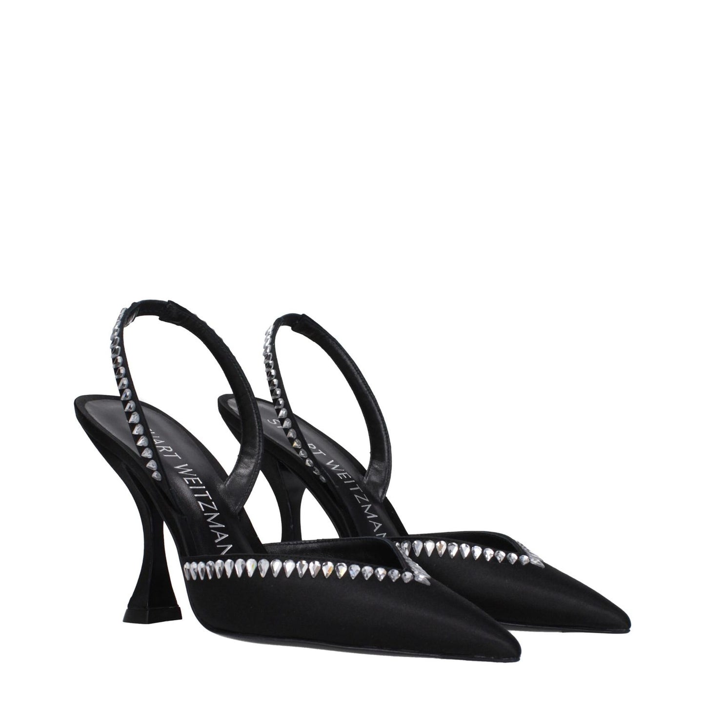 Stuart Weitzman Black Satin Stiletto Heel Sandals with rhinestone accents, leather sole, and pointy toe, 11 cm high heels.