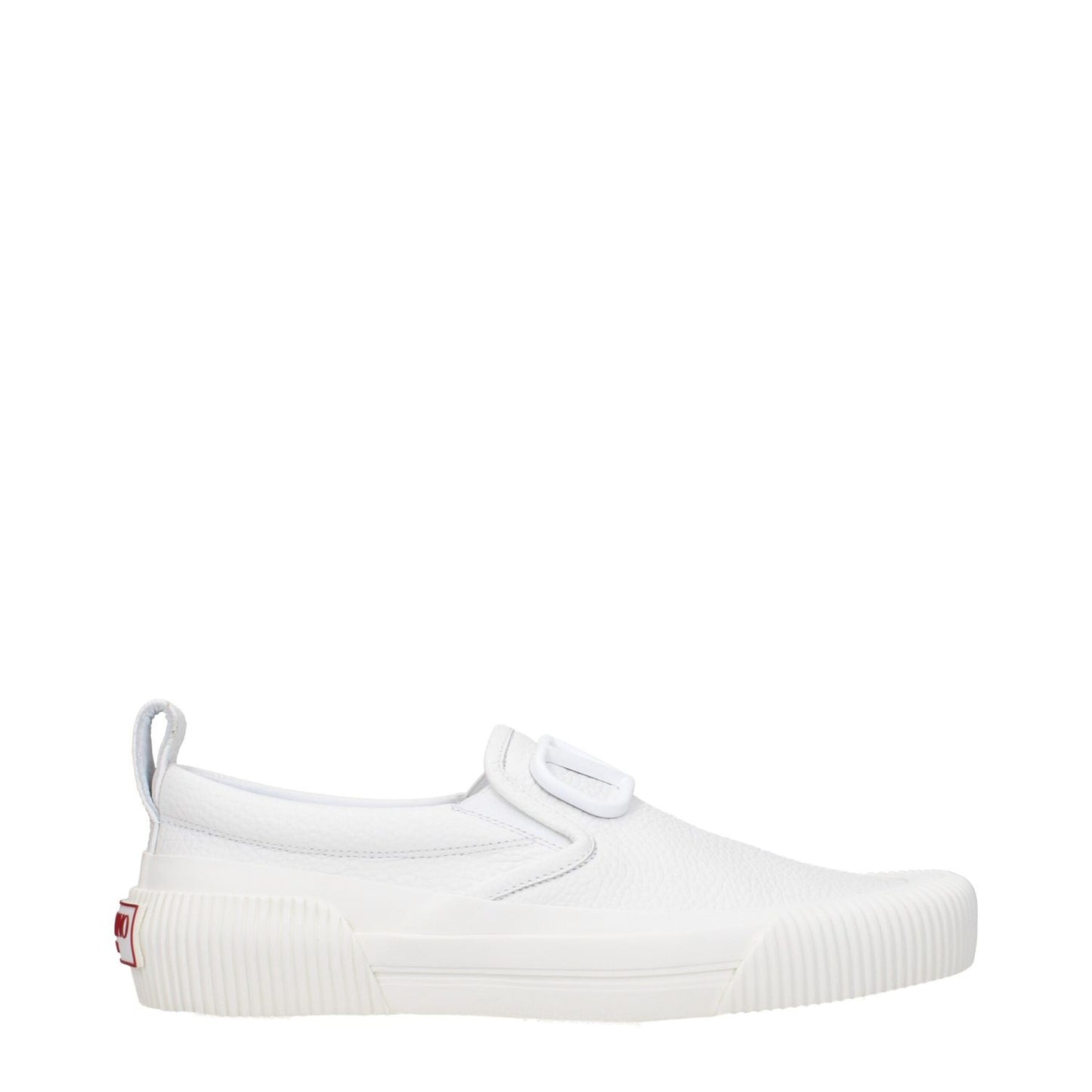Valentino Garavani White Leather Slip-On Loafers with front and back logo, round toe, rubber sole, and low heel.