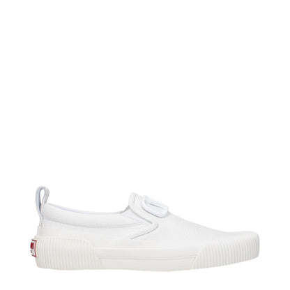 Valentino Garavani White Leather Slip-On Loafers with front and back logo, round toe, rubber sole, and low heel.