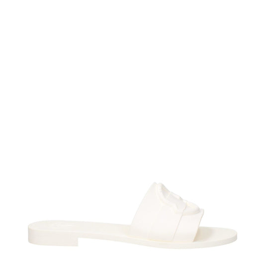 Moncler White Cotton Slippers with front logo detail and open toe design, featuring a rubber sole and low flat heel.